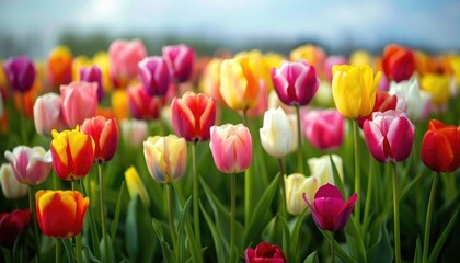 Wall Mural - A field of vibrant tulips stretching towards the horizon, their colorful blooms a riot of springtime splendor. The promise of renewal and growth encapsulated in every petal.