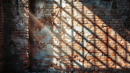 Poster - A textured brick wall with sunlight streaming through a lattice window, creating a cozy ambiance.