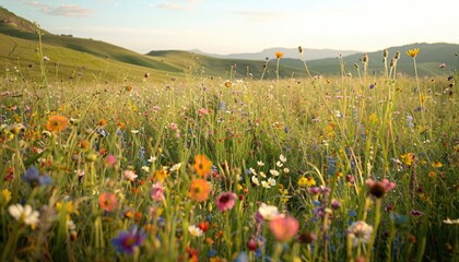Wall Mural - A field of sun-dappled wildflowers, their riotous colors painting a vibrant mosaic against the backdrop of rolling hills. Nature's untamed beauty on display in this bucolic paradise.
