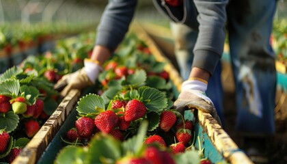 Wall Mural - A farmer inspecting rows of ripening strawberries, their vibrant red hues a harbinger of the sweetness to come. The culmination of patience and hard work in every juicy berry.