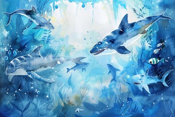 Depths of Water Colours: a watercolour portrait of underwater world, where play of colours creates the illusion of diving into the depths of the ocean, home to mysterious creatures and amazing plants.