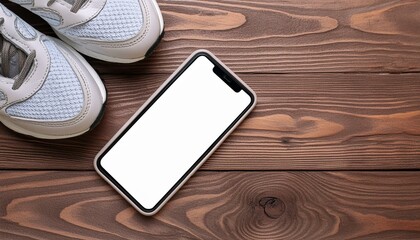 Smartphone with white screen and sneekers on wooden background