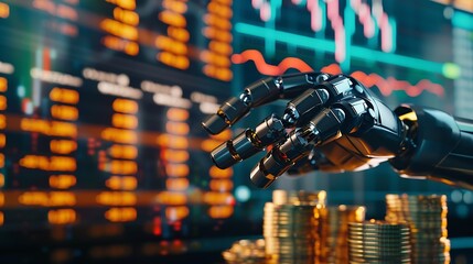 Poster - Robot trading concept Robot hand represents use of artificial intelligence in trading stocks Gold coins are displayed as graphs on smartphone Digital transformation technology Ai make  : Generative AI