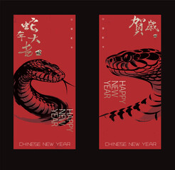 Traditional Chinese Year of the Snake illustration vector 2025, Asian elements, ink style(Translation: Snake Zodiac 2025 Happy New Year)