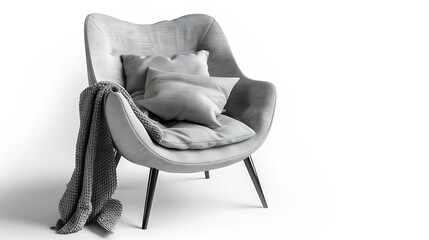 Wall Mural - One grey armchair with pillow and blanket isolated on white : Generative AI