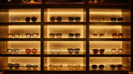 Wall Mural - A elegant eyeglasses displayed on illuminated shelves in a chic optical boutique 