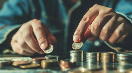 Poster - Man counts his coins on a table Personal finance finance management savings thrifty or avarice concept : Generative AI
