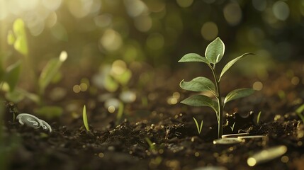 Poster - coins and money growing plant for finance and banking saving money or interest increasing concept : Generative AI