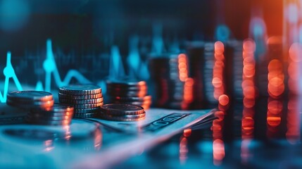 Poster - Money coin stack on office desk with graph and up arrow with blue filter Business and finance concept : Generative AI