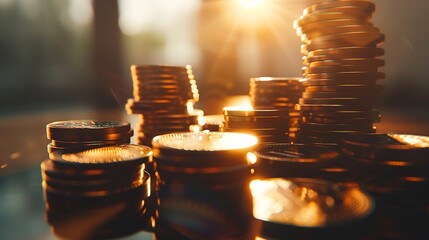 Aufkleber - Close up stack of coin on table background and business or finance saving money : Generative AI