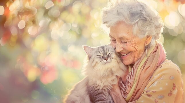 Elderly woman lovingly embraces a contented cat in a warm, sun-dappled garden setting, symbolizing friendship and the joy of companionship.
