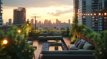 cinematic, an urban rooftop garden at sunset, modern furniture and greenery, a high angle that captures the skyline and the tranquil setting, studio lights