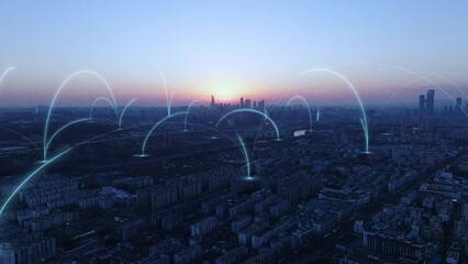 smart Connected city skyline. Futuristic network concept, city Technology