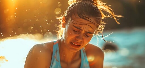 Wall Mural - A woman is exercising excessively and sweating profusely