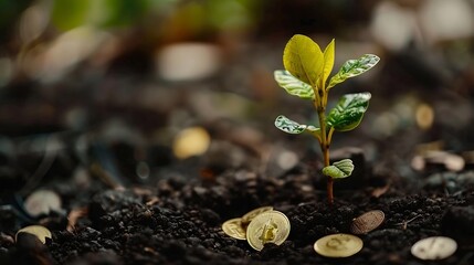 Poster - coins and money growing plant for finance and banking saving money or interest increasing concept : Generative AI