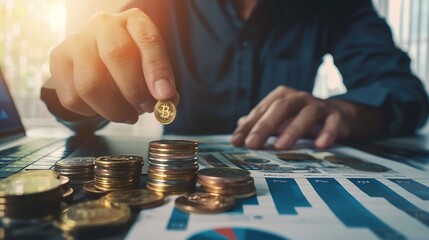 Aufkleber - Business man putting coins Business growth and investment chart strategic planning to increase profits from doing business longterm investment planning : Generative AI