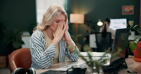 Wall Mural - Woman, desk and stress in office with headache, fatigue and overworked in workplace. Burnout, laptop or brain fog for creative web designer or female person, migraine pain and frustrated employee