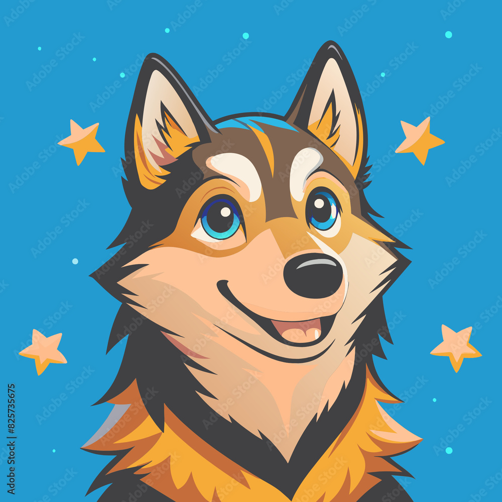 A cheerful cartoon husky with bright blue eyes, fluffy fur, and a big ...