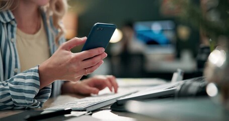 Sticker - Cell phone, laptop and desk for woman on social media, office and scrolling for entertainment. Hands, online and digital texting for female person or web designer, distraction or break in workplace