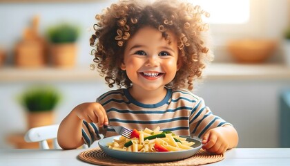  A cheerful child with curly hair, smiling and eating a plate of pasta with vegetables.