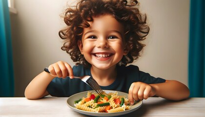 A cheerful child with curly hair, smiling and eating a plate of pasta with vegetables.