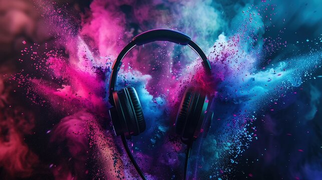 music festival concept - headphone and colorful powder vivid color