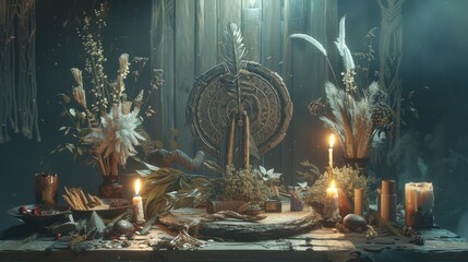 Wall Mural - A mystical still life composition featuring an array of shamanic tools and magical artifacts arranged on a weathered wooden table.