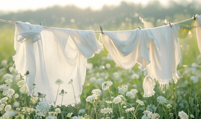 Laundry drying on a line in sunny meadow