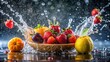 © Sompong - A close-up image of fresh fruit splashing in water with a rain background