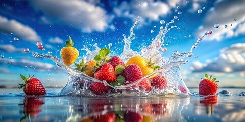 Close-up of a fresh fruit splashing in water with a beautiful sky background