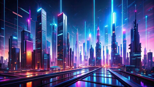 Futuristic digital artwork of abstract cityscape with neon lights and blurred skyscrapers