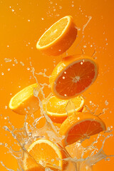 Wall Mural - Lots of fresh, juicy orange slices levitating on a bright orange background. Drops and splashes of water. Refreshing orange juice. Advertisement, banner.