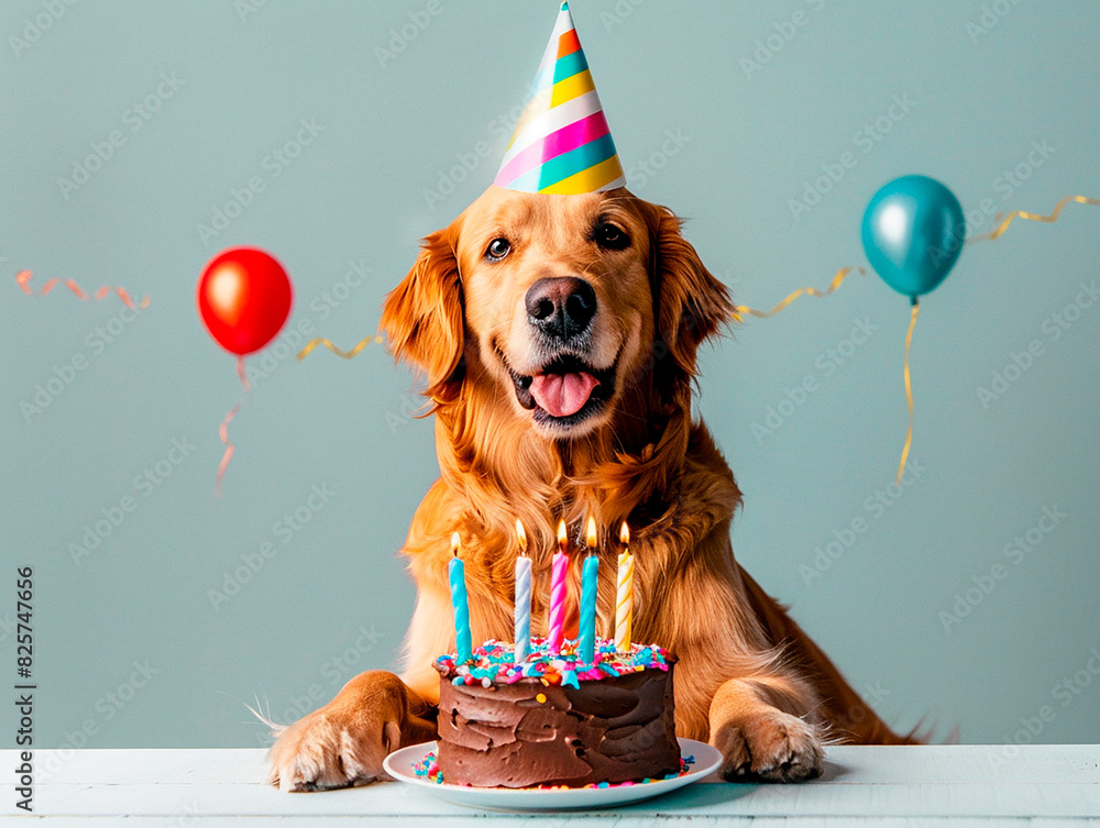 Golden retriever with birthday cake and balloons, wearing a party hat ...