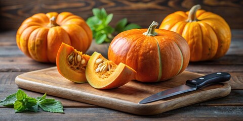 Wall Mural - Fresh pumpkins on a wooden cutting board.