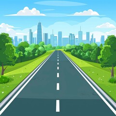 Wall Mural - Cartoon highway. Empty road with city skyline on horizon and nature landscape, highway view