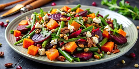 Wall Mural - Colorful salad with roasted vegetables and greens.