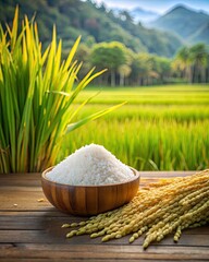 Sticker - Bowl of white rice set against a serene countryside backdrop.