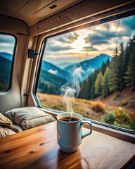 Canvas Print - Cozy van interior with a scenic view and a cup of coffee.