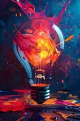 Poster - Boldly Stylized Cubist-Inspired Light Bulb Moment with Vivid Color Explosions in Graphic Collage