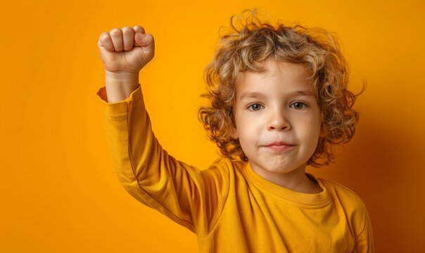 Kid fist upward on yellow background. american child raise hand.