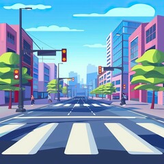 Wall Mural - Cartoon crosswalk. City streets intersections with no automobile traffic and pedestrians, urban landscape with crosswalk. Vector illustration