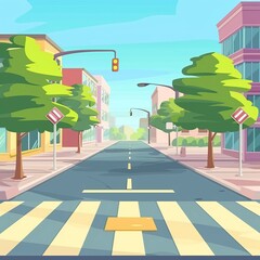 Wall Mural - Cartoon crosswalk. City streets intersections with no automobile traffic and pedestrians, urban landscape with crosswalk. Vector illustration