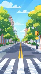 Wall Mural - Cartoon crosswalk. City streets intersections with no automobile traffic and pedestrians, urban landscape with crosswalk. Vector illustration