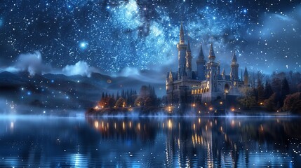 Majestic fairytale castle illuminated by moonlight, enchanted night sky filled with constellations, shimmering lake reflecting the scene, ethereal atmosphere
