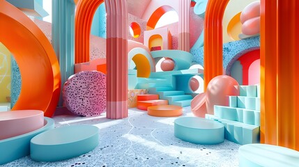 Wall Mural - Vibrant Geometric Playground:Whimsical Pastel Structures in Hyper-Detailed 3D Render