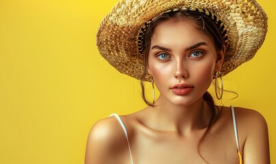 Wall Mural - Young beautiful woman portrait in a hat on color background, summer vacation concept