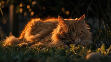Wall Mural - Adorable orange feline in the yard grooming fur at twilight