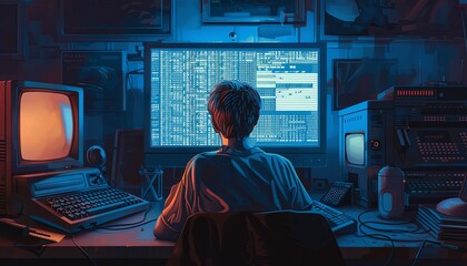 A man is sitting in front of a computer monitor with a blue screen