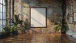 © Paul - Empty frame mockup on a polished wooden floor, industrial loft style, exposed brick wall, moody lighting