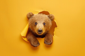 Wall Mural - A bear cub is peeking out from a hole in a yellow background